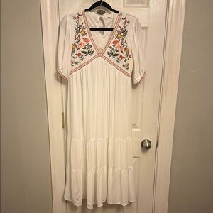 In loom White V-Neck with Embroidery & Puff Sleeve Midi Sundress